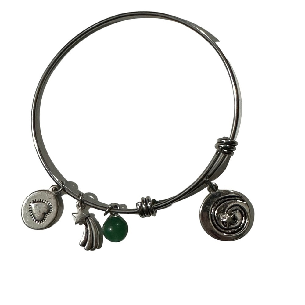 Gratitude Grace Silver Tone Moon Shooting Star Real Jade Heart Charm Bracelet 8”